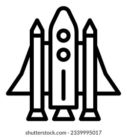 Icono de línea del transbordador espacial, símbolo de transporte, signo del vector de la nave espacial sobre fondo blanco, icono del cohete en estilo de contorno para concepto móvil y diseño web. Gráficos vectoriales