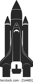 A space shuttle for a space mission. Flat black icon. Vector illustration isolated on a white background.