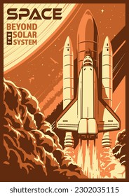 Space shuttle monochrome vintage flyer with launching station for intergalactic rockets with astronauts on board vector illustration