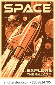 Space shuttle monochrome vintage poster with transport intergalactic rocket flying among planets and stars of milky way vector illustration