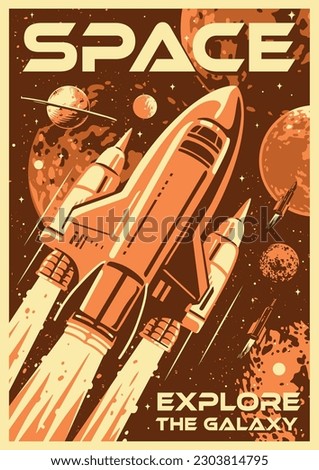 Space shuttle monochrome vintage poster with transport intergalactic rocket flying among planets and stars of milky way vector illustration