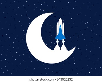 Space shuttle and moon. Outer space. Vector illustration
