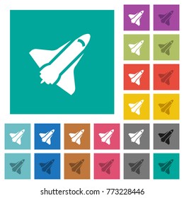 Space shuttle multi colored flat icons on plain square backgrounds. Included white and darker icon variations for hover or active effects.