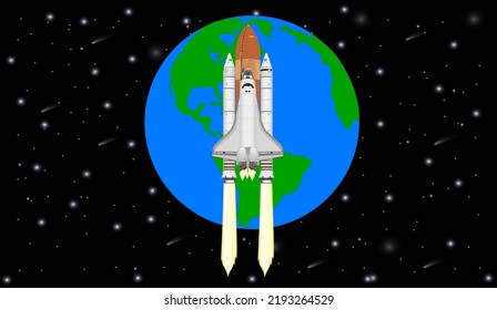 Space shuttle near the Earth planet of solar system. vector illustration. Elements of this image were furnished by NASA.