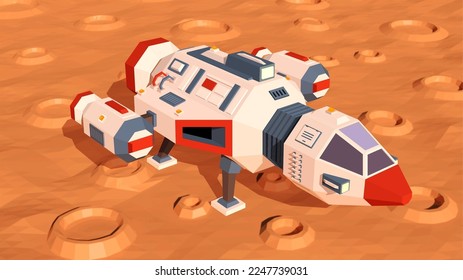 Space shuttle on the alien planet surface. 3d spaceship landed on a planet with craters. Vector illustration.