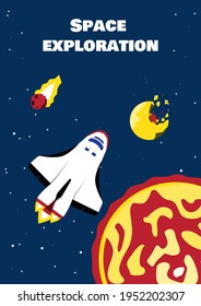 Space shuttle on mission exploring galaxy background. Astronomy art print. Poster with space design. Vector illustration.