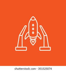 Space shuttle on a take-off area line icon for web, mobile and infographics. Vector white icon isolated on red background.
