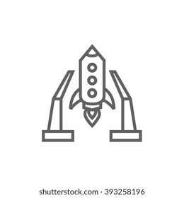 Space shuttle on take-off area line icon.