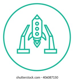 Space shuttle on take-off area line icon.