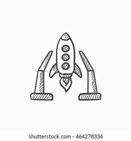 Lanzamiento espacial en el área de despegue icono de esbozo vectorial aislado en el fondo. Lanzamiento manual del transbordador espacial en el icono del área de despegue. Lanzamiento espacial en el área de despegue icono de esbozo para infografía, sitio web o aplicación.