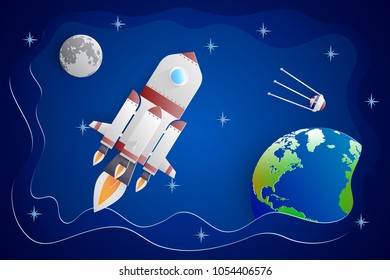 Space Shuttle orbit planet Earth on a background of blue sky with stars and the Moon and the first Earth satellite.