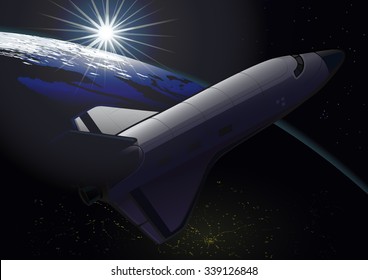Space shuttle orbiting the Earth at sunrise.