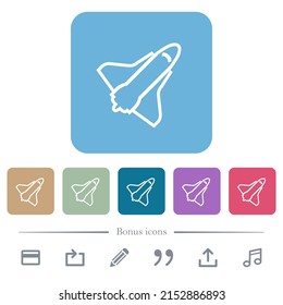 Space shuttle outline white flat icons on color rounded square backgrounds. 6 bonus icons included