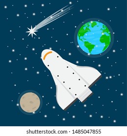 Space shuttle over a space background with the earth planet