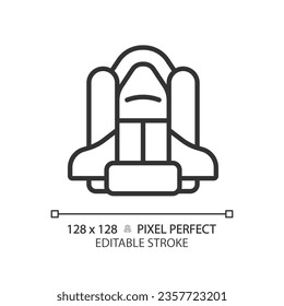 Space shuttle pixel perfect linear icon. Research technology. Moon landing. Science fiction. Start up. Thin line illustration. Contour symbol. Vector outline drawing. Editable stroke