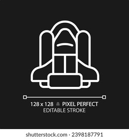 Space shuttle pixel perfect white linear icon for dark theme. Research technology. Moon landing. Science fiction. Start up. Thin line illustration. Isolated symbol for night mode. Editable stroke