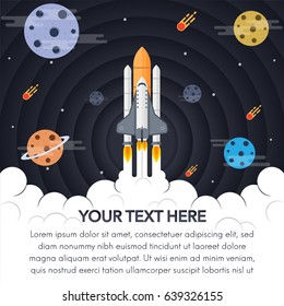 Space shuttle with planets, stars and comet. Solar system background design