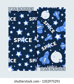 Space Shuttle. Planets and stars. Seamless patterns. Design for children's textiles, tableware, background image for children's theme site, video channel, blog, shop, studio.