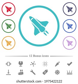 Space shuttle with propulsion flat color icons in circle shape outlines. 12 bonus icons included.