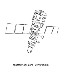 space shuttle, radio telescope and comet, asteroid and meteorite, astronaut exploration. engraved hand drawn in old sketch, vintage style for label. flying ship. rocket launching to the sky.