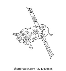 space shuttle, radio telescope and comet, asteroid and meteorite, astronaut exploration. engraved hand drawn in old sketch, vintage style for label. flying ship. rocket launching to the sky.