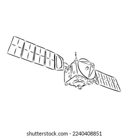 space shuttle, radio telescope and comet, asteroid and meteorite, astronaut exploration. engraved hand drawn in old sketch, vintage style for label. flying ship. rocket launching to the sky.