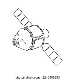space shuttle, radio telescope and comet, asteroid and meteorite, astronaut exploration. engraved hand drawn in old sketch, vintage style for label. flying ship. rocket launching to the sky.