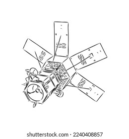 space shuttle, radio telescope and comet, asteroid and meteorite, astronaut exploration. engraved hand drawn in old sketch, vintage style for label. flying ship. rocket launching to the sky.