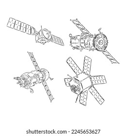 space shuttle, radio telescope and comet, asteroid and meteorite, astronaut exploration. engraved hand drawn in old sketch, vintage style for label. flying ship. rocket launching to the sky.