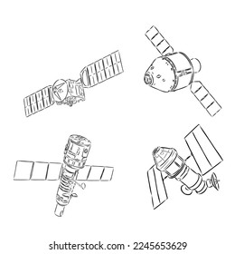 space shuttle, radio telescope and comet, asteroid and meteorite, astronaut exploration. engraved hand drawn in old sketch, vintage style for label. flying ship. rocket launching to the sky.