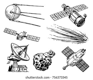 space shuttle, radio telescope and comet, asteroid and meteorite, astronaut exploration. engraved hand drawn in old sketch, vintage style for label. flying ship. rocket launching to the sky.