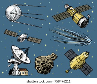 space shuttle, radio telescope and comet, asteroid and meteorite, astronaut exploration. engraved hand drawn in old sketch, vintage style for label. flying ship. rocket launching to the sky.