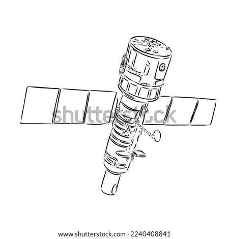 space shuttle, radio telescope and comet, asteroid and meteorite, astronaut exploration. engraved hand drawn in old sketch, vintage style for label. flying ship. rocket launching to the sky.