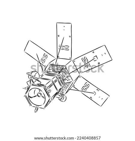 space shuttle, radio telescope and comet, asteroid and meteorite, astronaut exploration. engraved hand drawn in old sketch, vintage style for label. flying ship. rocket launching to the sky.