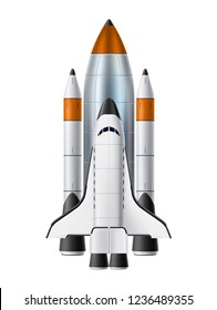 Space shuttle realistic mockup. Spacecraft with rocket engines. Symbol of technology, innovation and launching new product or start-up. 3d spaceship vector illustration on isolated background