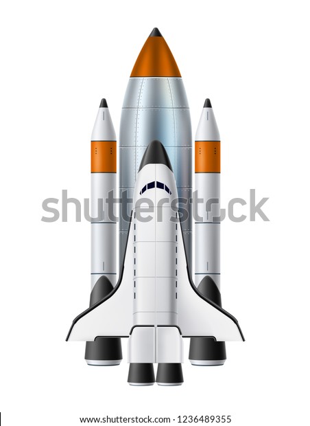 スペースシャトルのリアルなモックアップ ロケットエンジンを搭載した宇宙船 テクノロジーの象徴 革新 新製品の発売 新製品の立ち上げ 分離型背景に3d 宇宙船のベクターイラスト のベクター画像素材 ロイヤリティフリー