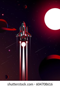 space shuttle with red sun and planet in universe background