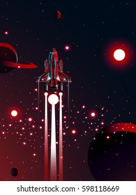 space shuttle with red sun stardust and planet in universe background