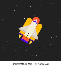 Space shuttle, reusable spacecraft hovering in the black sky among the stars. Flat vector illustration.