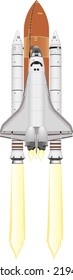 Space shuttle with rocket boosters launch isolated on white. Vector illustration.