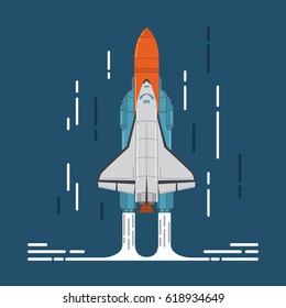  space shuttle and rocket in flat style a vector.Design element for the space and scientific website and toy stores, for games.Start of the spaceship 