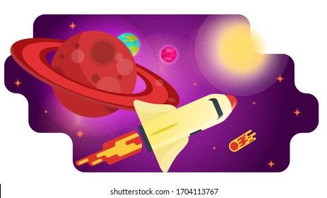 Space Shuttle, rocket, flies past a large red planet with rings, concept for design, flat vector illustration