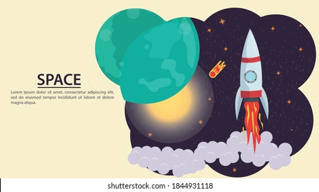 Space Shuttle rocket flying in outer space, against the background of stars and planets, flat vector drawing, for design design