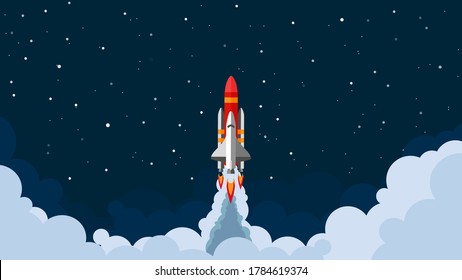 Space shuttle, rocket flying in space with stars on background