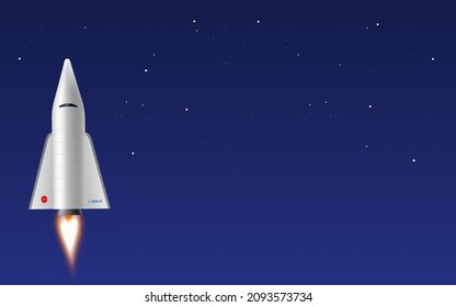 Space shuttle rocket launch in the night, 3D realistic vector illustration. Spaceship fly up vertical, with fire beside engine, horizontal banner.