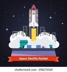 Space shuttle rocket launch from spaceport. Flat vector illustration.