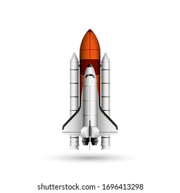 Space shuttle and rocket realistic vector 3d model mockup isolated on white, space mission spaceship getting ready to launch