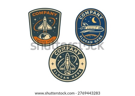 Space shuttle rocket retro badge logo design set for aerospace. Rocket launch vintage patch sticker pack for exploration. Spacecraft orbital vehicle rustic emblem element designs for futuristic