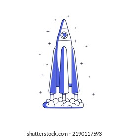 Space Shuttle, Rocket Ship Launch. Spaceship Travel. Future Rocketship Flying Up To Cosmos, Aerospace. Spacecraft Flight With Engine Flame. Flat Vector Illustration Isolated On White Background