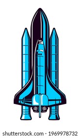 Space Shuttle With Rocket Stage In Vector Isolated On A White Background. Spaceship In Retro Futurism Style.